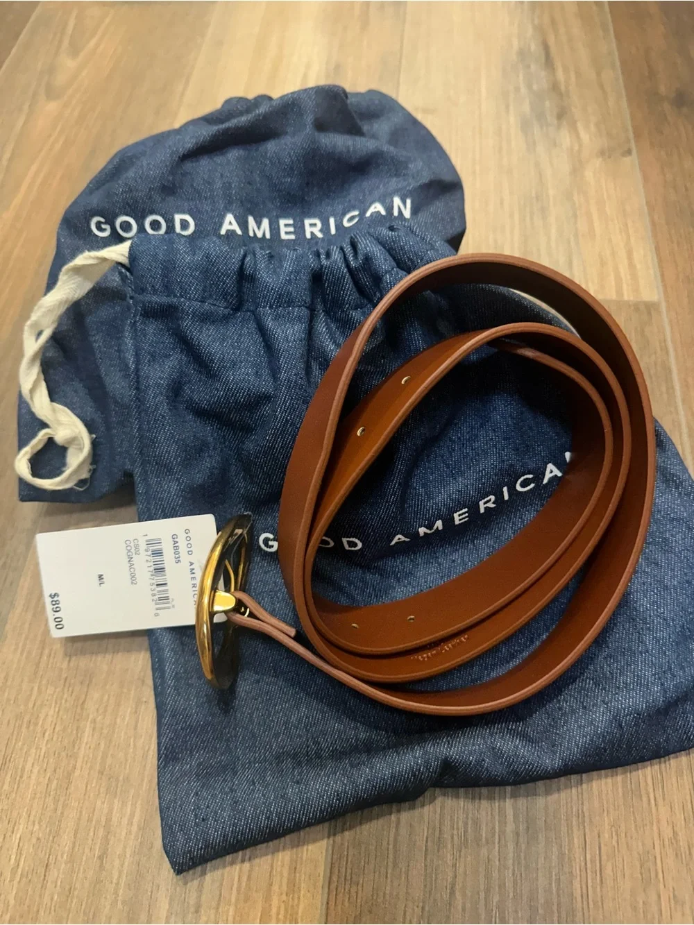 NWT Good American Brown Leather Belt with Gold Circle Buckle M/L